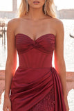Bordowy bodycon Sweetheart Corset, marszczany i frędzlowy sznurowak na plecach