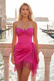 Bordowy bodycon Sweetheart Corset, marszczany i frędzlowy sznurowak na plecach