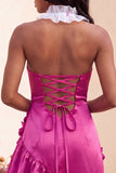Bodycon Lake Blue z halter dekoltem, satynowym sznurowanim z falbanami na plecach, sukienka na balbal z kwiatami 3D