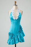 Bodycon Lake Blue z halter dekoltem, satynowym sznurowanim z falbanami na plecach, sukienka na balbal z kwiatami 3D