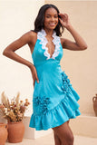 Bodycon Lake Blue z halter dekoltem, satynowym sznurowanim z falbanami na plecach, sukienka na balbal z kwiatami 3D