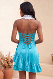 Bodycon Lake Blue z halter dekoltem, satynowym sznurowanim z falbanami na plecach, sukienka na balbal z kwiatami 3D