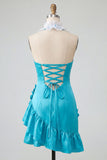 Bodycon Lake Blue z halter dekoltem, satynowym sznurowanim z falbanami na plecach, sukienka na balbal z kwiatami 3D