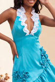 Bodycon Lake Blue z halter dekoltem, satynowym sznurowanim z falbanami na plecach, sukienka na balbal z kwiatami 3D