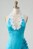 Bodycon Lake Blue z halter dekoltem, satynowym sznurowanim z falbanami na plecach, sukienka na balbal z kwiatami 3D