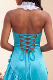 Bodycon Lake Blue z halter dekoltem, satynowym sznurowanim z falbanami na plecach, sukienka na balbal z kwiatami 3D