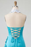 Bodycon Lake Blue z halter dekoltem, satynowym sznurowanim z falbanami na plecach, sukienka na balbal z kwiatami 3D