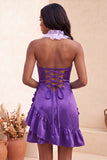 Bodycon Lake Blue z halter dekoltem, satynowym sznurowanim z falbanami na plecach, sukienka na balbal z kwiatami 3D