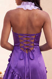 Bodycon Lake Blue z halter dekoltem, satynowym sznurowanim z falbanami na plecach, sukienka na balbal z kwiatami 3D
