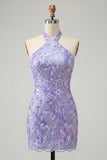 Bodycon Light Purple z cekinami na ramię i sznurowanim na plecach sukienki na bal