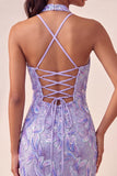 Bodycon Light Purple z cekinami na ramię i sznurowanim na plecach sukienki na bal