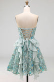Sage Green Sweetheart Corset A-line Krótka sukienka na homecoming z cekinami