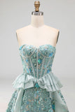 Sage Green Sweetheart Corset A-line Krótka sukienka na homecoming z cekinami