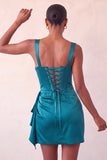 Bodycon baskijski gorset w talii, lake blue marszczana sukienka na balbany z falbanami