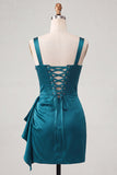 Bodycon baskijski gorset w talii, lake blue marszczana sukienka na balbany z falbanami