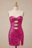 Sweetheart Fuchsia Keyhole Body, błyszcząca cekinowa sukienka na homecoming z rozcięciem