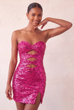 Sweetheart Fuchsia Keyhole Body, błyszcząca cekinowa sukienka na homecoming z rozcięciem