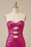 Sweetheart Fuchsia Keyhole Body, błyszcząca cekinowa sukienka na homecoming z rozcięciem