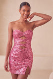 Sweetheart Fuchsia Keyhole Body, błyszcząca cekinowa sukienka na homecoming z rozcięciem