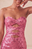 Sweetheart Fuchsia Keyhole Body, błyszcząca cekinowa sukienka na homecoming z rozcięciem