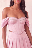 Sukienka na bal z opaczonymi ramionami, jasnoróżowy plisowany dwuczęściowy bal z koralikami