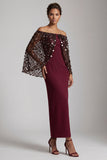 Bordowa syrena z odsłoniętymi ramionami Midi Mother Of the Bride Dress z peleryną
