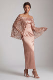 Bordowa syrena z odsłoniętymi ramionami Midi Mother Of the Bride Dress z peleryną