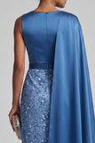 Niebieska, okrągły dekolt z cekinami Midi Matki Panny Młodej i boczną peleryną
