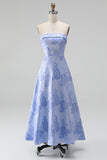 A-line Jacquard Blue Workless Strip Kwiecista Sukienka Midi