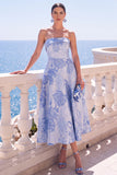 A-line Jacquard Blue Workless Strip Kwiecista Sukienka Midi
