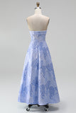 A-line Jacquard Blue Workless Strip Kwiecista Sukienka Midi