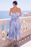 A-line Jacquard Blue Workless Strip Kwiecista Sukienka Midi