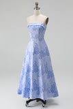 A-line Jacquard Blue Workless Strip Kwiecista Sukienka Midi