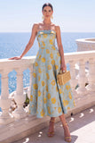 A-line Jacquard Blue Workless Strip Kwiecista Sukienka Midi