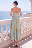 A-line Jacquard Blue Workless Strip Kwiecista Sukienka Midi