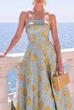 A-line Jacquard Blue Workless Strip Kwiecista Sukienka Midi