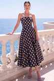 A-line Jacquard Blue Workless Strip Kwiecista Sukienka Midi