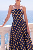 A-line Jacquard Blue Workless Strip Kwiecista Sukienka Midi
