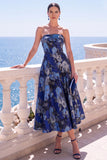 A-line Jacquard Blue Workless Strip Kwiecista Sukienka Midi