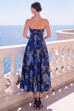 A-line Jacquard Blue Workless Strip Kwiecista Sukienka Midi