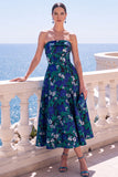 A-line Jacquard Blue Workless Strip Kwiecista Sukienka Midi