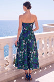 A-line Jacquard Blue Workless Strip Kwiecista Sukienka Midi