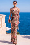 Sukienka Maxi w kwiaty w kolorze Mermaid Green Velvet Hatter Neck i marszczkami