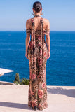 Sukienka Maxi w kwiaty w kolorze Mermaid Green Velvet Hatter Neck i marszczkami