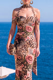 Sukienka Maxi w kwiaty w kolorze Mermaid Green Velvet Hatter Neck i marszczkami