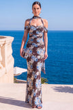 Sukienka Maxi w kwiaty w kolorze Mermaid Green Velvet Hatter Neck i marszczkami