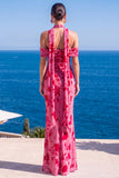 Sukienka Maxi w kwiaty w kolorze Mermaid Green Velvet Hatter Neck i marszczkami