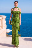 Sukienka Maxi w kwiaty w kolorze Mermaid Green Velvet Hatter Neck i marszczkami