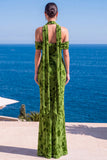 Sukienka Maxi w kwiaty w kolorze Mermaid Green Velvet Hatter Neck i marszczkami