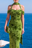 Sukienka Maxi w kwiaty w kolorze Mermaid Green Velvet Hatter Neck i marszczkami